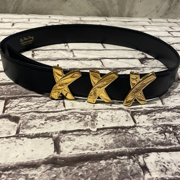 Paloma Picasso Accessories - Paloma Picasso Navy Leather Belt - Gold XXX Kisses Size Large / 80 EUC
